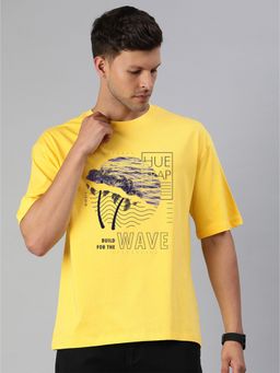 Huetrap - Mens Printed Round Neck Drop Shoulder Relaxed Fit Yellow T-Shirt