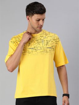 Huetrap - Mens Printed Round Neck Drop Shoulder Relaxed Fit Yellow T-Shirt