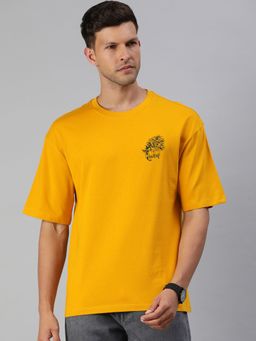 Huetrap - Mens Printed Round Neck Drop Shoulder Relaxed Fit Golden Yellow T-Shirt