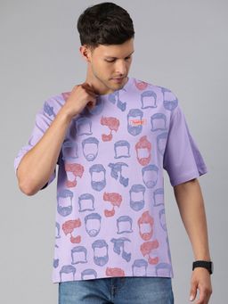 Huetrap - Mens Printed Round Neck Drop Shoulder Relaxed Fit Lavender Tulip T-Shirt