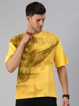 Huetrap - Mens Printed Round Neck Drop Shoulder Relaxed Fit Yellow T-Shirt