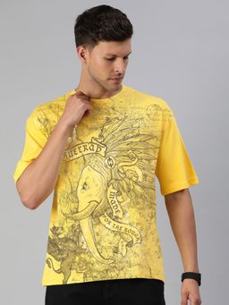 Huetrap - Mens Printed Round Neck Drop Shoulder Relaxed Fit Yellow T-Shirt