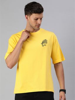 Huetrap - Mens Printed Round Neck Drop Shoulder Relaxed Fit Yellow T-Shirt
