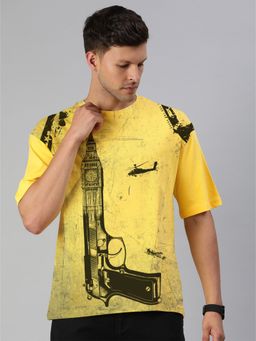 Huetrap - Mens Printed Round Neck Drop Shoulder Relaxed Fit Yellow T-Shirt