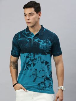 Huetrap - Mens Short Sleeves Printed Crystal Blue Polo T-Shirt