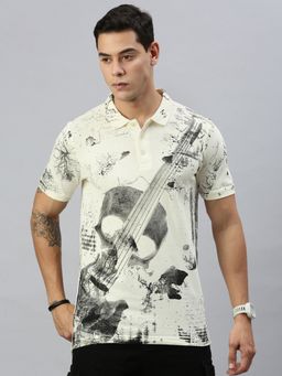 Huetrap - Mens Short Sleeves Printed Cream Polo T-Shirt