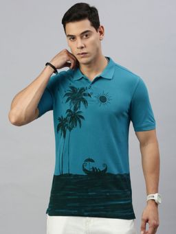 Huetrap - Mens Short Sleeves Printed Exotic Blue Polo T-Shirt