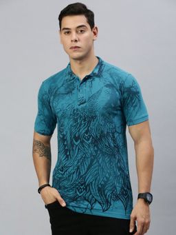 Huetrap - Mens Short Sleeves Printed Exotic Blue Polo T-Shirt