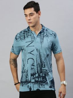 Huetrap - Mens Short Sleeves Printed Vintage Indigo Polo T-Shirt