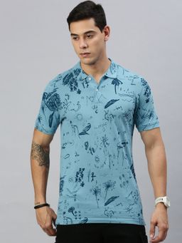 Huetrap - Mens Short Sleeves Printed Vintage Indigo Polo T-Shirt