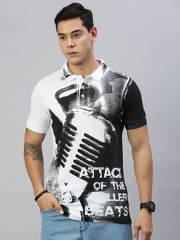 Huetrap - Mens Short Sleeves Printed White Polo T-Shirt