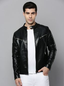 SHOWOFFFF - Mens Mandarin Collar Black Solid Leather Jacket