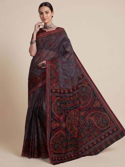 SALWAR STUDIO - Women Grey Paisley Printed Pure Cotton Saree with Unstitched Blouse