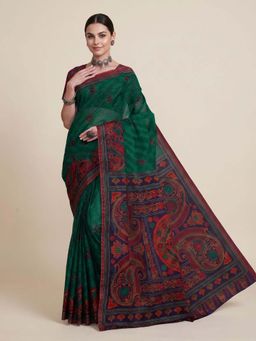 SALWAR STUDIO - Women Green Paisley Printed Pure Cotton Saree with Unstitched Blouse