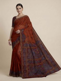 SALWAR STUDIO - Women Orange Paisley Printed Pure Cotton Saree with Unstitched Blouse