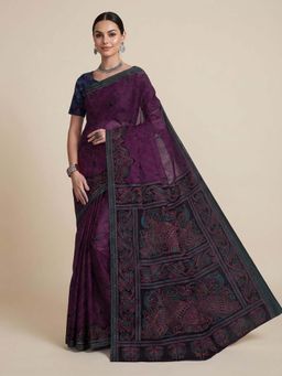SALWAR STUDIO - Women Purple Paisley Printed Pure Cotton Saree with Unstitched Blouse