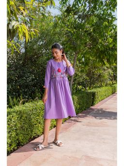 SAVI - Women Lavender Cotton Embroidered Designer Dress
