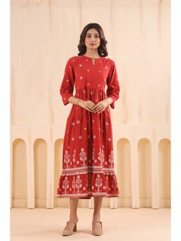SAVI - Women Red Cotton Slub Printed Designer Flared Dress