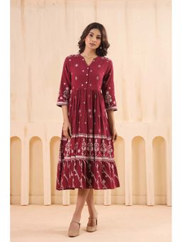 SAVI - Women Maroon Cotton Slub Printed Flared Dress