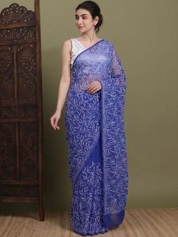 FASHIONABLE CHIKAN HANDIKRAFT - Women's Blue Georgette Chikankari Saree with Unstitched Blouse