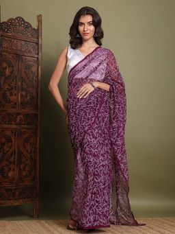 FASHIONABLE CHIKAN HANDIKRAFT - Women's Burgundy Georgette Chikankari Saree with Unstitched Blouse