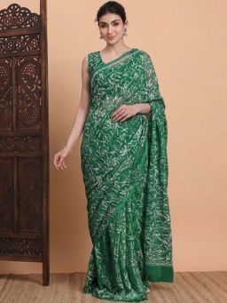 FASHIONABLE CHIKAN HANDIKRAFT - Women's Green Georgette Chikankari Saree with Unstitched Blouse