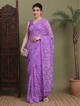 FASHIONABLE CHIKAN HANDIKRAFT - Women's Purple Georgette Chikankari Saree with Unstitched Blouse