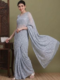 FASHIONABLE CHIKAN HANDIKRAFT - Women's Grey Georgette Chikankari Saree with Unstitched Blouse