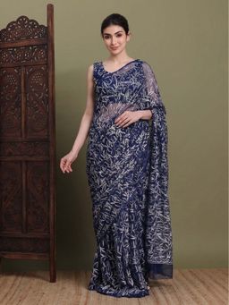 FASHIONABLE CHIKAN HANDIKRAFT - Women's Navy Blue Georgette Chikankari Saree with Unstitched Blouse