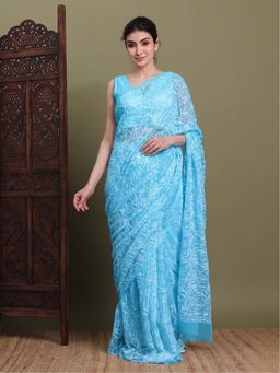 FASHIONABLE CHIKAN HANDIKRAFT - Women's Blue Georgette Chikankari Saree with Unstitched Blouse