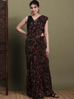FASHIONABLE CHIKAN HANDIKRAFT - Women's Black Georgette Chikankari Saree with Unstitched Blouse