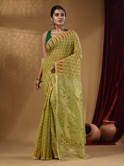 Arhi - Pistachio Green Cotton Handwoven jamdhani Saree with Woven Buttas and Floral Designs