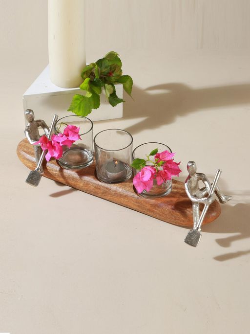 Manor House Wooden Kishti With 2 Sailers Votive Holder