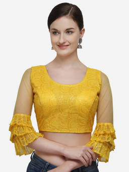 Amrutam Fab - Womens Embroidered Yellow Net Stiched Blouse With Round Neck