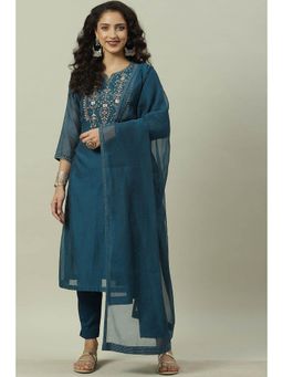 Biba - Blue Embroidered Kurta (Set of 3)