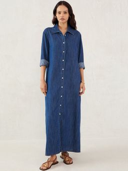 Femmella - Dark Blue Denim Maxi Shirt Dress