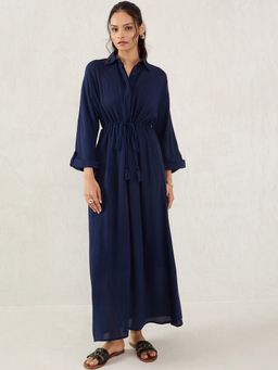 Femmella - Midnight Blue Crinkled Shirt Maxi Dress