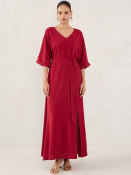 Femmella - Maroon V-Neck Slit Detailed Dress with Belt