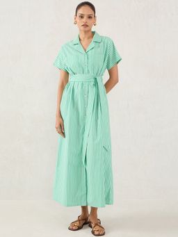 Femmella - Green Stripe Button Down Dress with Belt