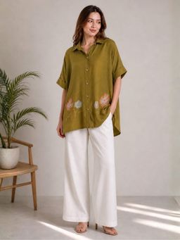 Autumnlane - Women Green Embroidered Cotton Shirt with Pant