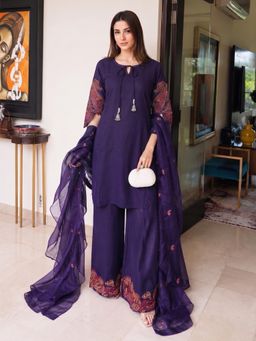 Autumnlane - Women Purple Embroidered Cotton Kurta and Palazzo with Dupatta