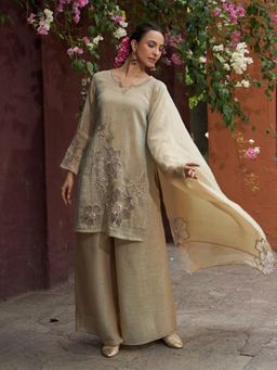 Autumnlane - Women Beige Beads and Stones Sheer Kurta and Palazzo with Dupatta