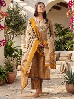 Rain & Rainbow - Women Mustard Printed Pure Cotton Kurta and Pant with Dupatta