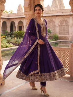 Autumnlane - Women Purple Zari Chinon Anarkali Kurta and Pant with Dupatta