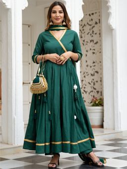 Lavanya The Label - Dark Green Cotton Flared Kurta And Pant (Set of 3)