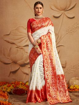 Odette - Silk Blend Off White And Red Woven Designer Saree with Unstitched Blouse