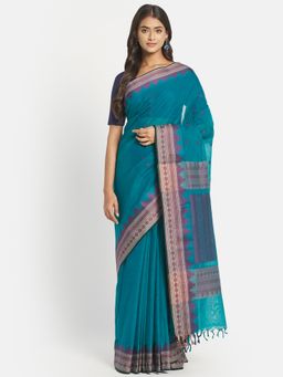 Fabindia - Teal Geometric Cotton Saree without Blouse