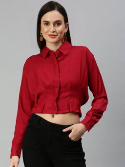 SHOWOFFFF - Women Shirt Collar Solid Red Regular Top
