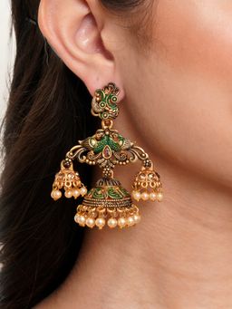 Karatcart - Gold Plated Green Meena Double Jhumki Earrings for Women