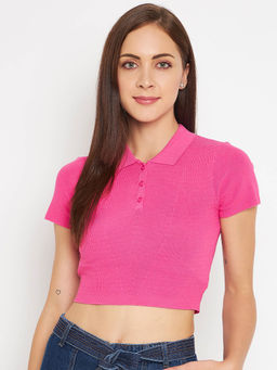 CAMLA - Barcelona Solid Half Sleeves Collar Neck Pink Crop Top